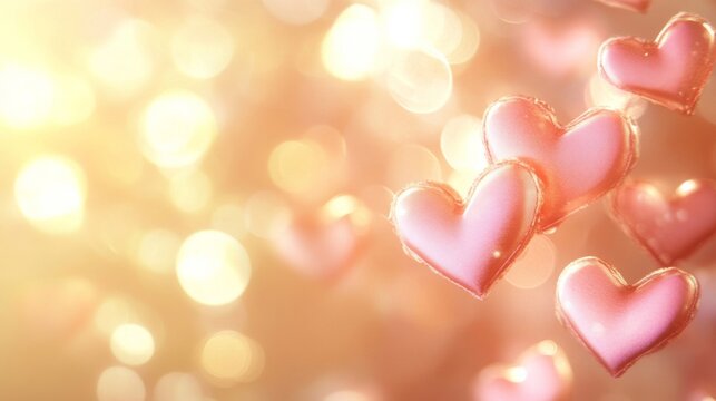 Pink Hearts Floating in Golden Light Background