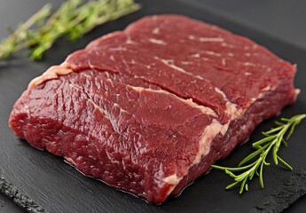 Fototapeta premium Raw Beef Steak on Black Stone, Close-up View with Rosemary