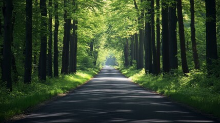 Fototapeta premium A serene road stretches through a vibrant green forest surrounded by tall trees. Sunlight filters through the leaves, creating a calming atmosphere, perfect for leisurely walks or bike rides