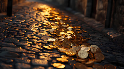 Golden coins scattered on cobblestone street glimmering in warm evening light. Generative AI