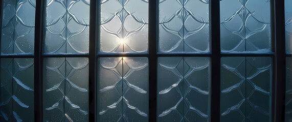 A close up of frost forming on a window pane revealing beautiful geometric patterns that sparkle in the morning light. Extremely detailed high resolution illustration.