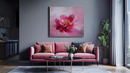 Pink Flower Painting Adorns Modern Living Room