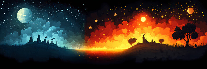 Obraz premium Cosmic contrast of day and night showcasing vibrant colors and celestial bodies over the horizon. Generative AI