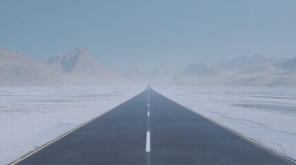 Lonely road through a misty landscape.