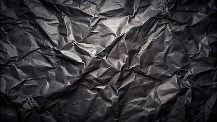 Black crumpled rough paper background. Wrinkled packaging texture. Dark gray grunge background with copy space for design.
