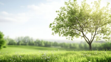 Fototapeta premium Lush green field with a solitary tree.