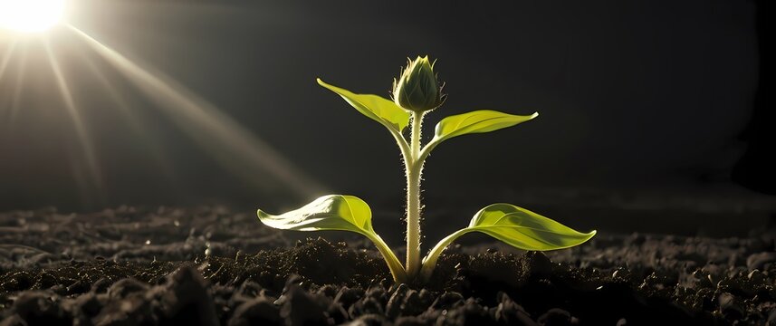 A close up of a sunflower seedling sprouting from the soil symbolizing growth and potential