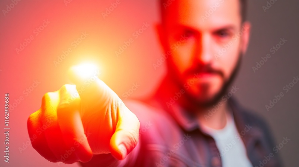 Poster man pointing with glowing light in dark setting.