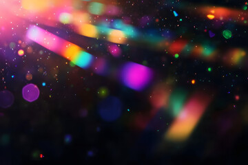 Iridescent prism light effect on black background, rainbow of colors on the black background. Glowing colorful lights and a bokeh lens flare with space, abstract refraction of sunlight prism effect