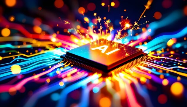 AI Computer Chip with Vibrant Light Trails and Sparks