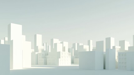 Minimalist cityscape with white geometric structures.