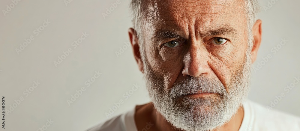 Poster thoughtful elderly man with a solemn expression and neutral background ideal for text placement in a