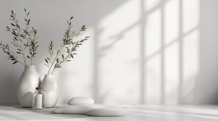 Minimalist interior with vases and natural elements.