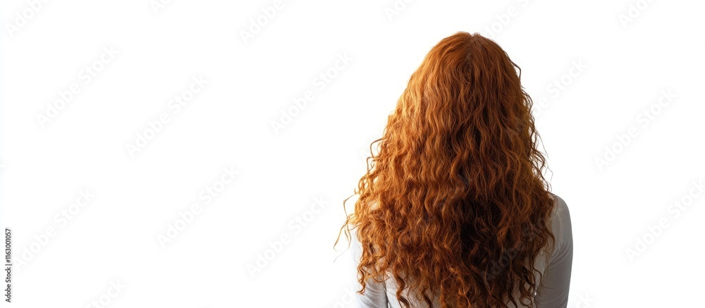 Poster young woman with vibrant long ginger curls viewed from behind against a clean white background ideal