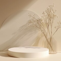 side white round podium for cosmetic beige tone background