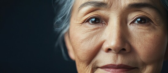 Mature Asian woman's close-up portrait showcasing wrinkles and skin texture with emphasis on beauty and skin care treatment solutions