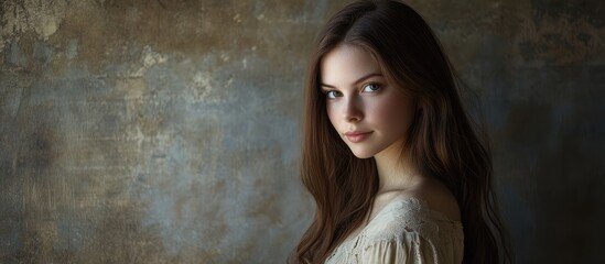 Fototapeta premium Young woman with long brown hair and a gentle smile against textured background with space for text or promotional content
