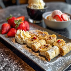 small bite banan rolls on a grey rectangle plate with a medium sized ice cream bowl on the plate and strawberries