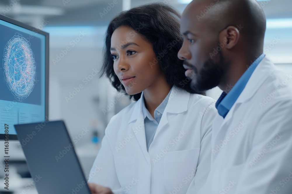 Poster two doctors are looking at a computer screen with a 3d image of a cell. they are discussing the imag