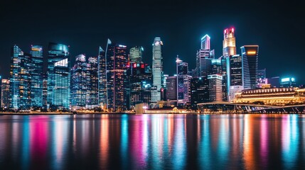 Naklejka premium Neon Skyline Reflection Dazzling Nightscape