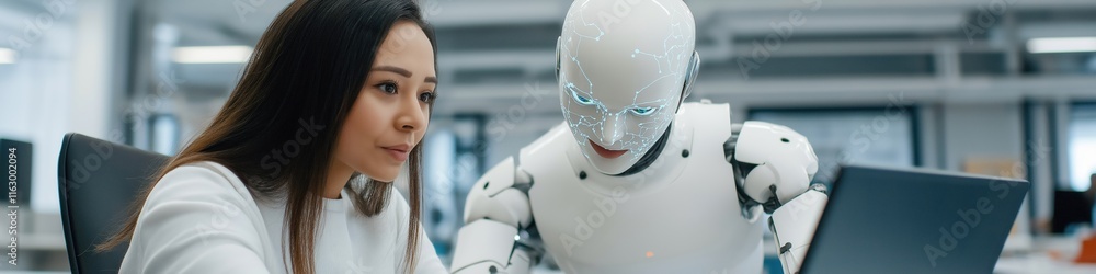 Poster a woman and a robot are working together on a laptop. the robot is white and has a face. the woman i
