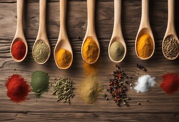 different spices in wooden spoons