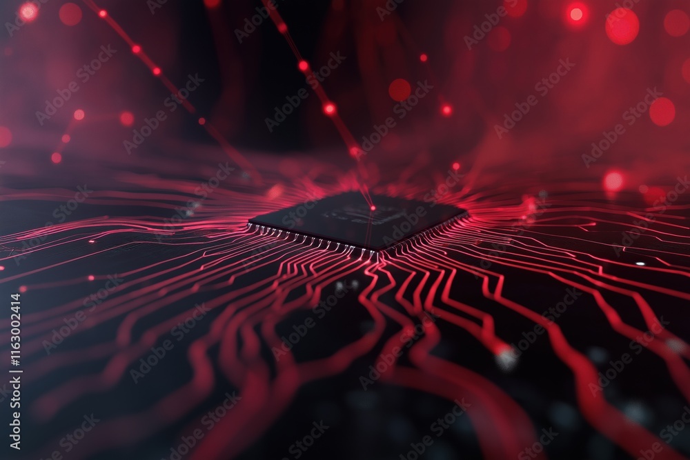 Fototapete A computer chip is shown in red with a black background. The chip is surrounded by a red line, which gives the impression of a glowing, pulsating energy. Concept of technology and innovation