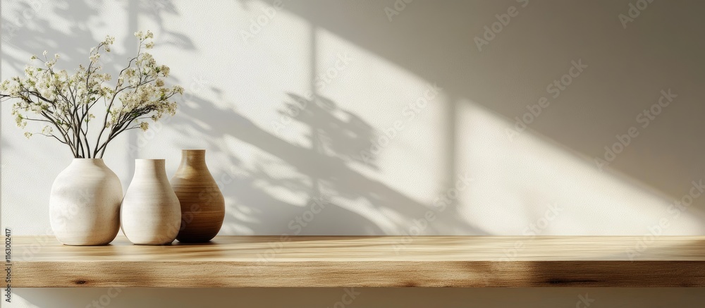 Poster stylish wooden countertop adorned with vases and an inviting blank space for personalized text or de