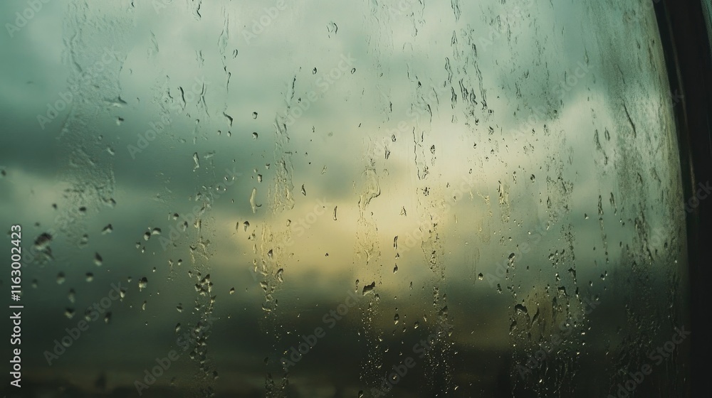Poster raindrops on a window pane with a dark cloudy sky creating a moody atmosphere and nature's serene be