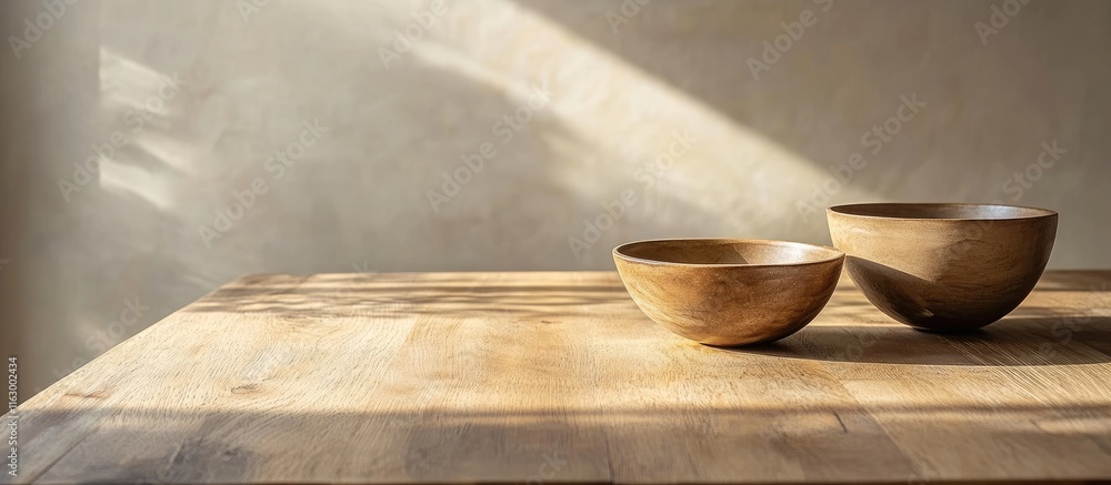 Poster elegant wooden dining table with simple bowls showcasing minimalist design and ample space for perso