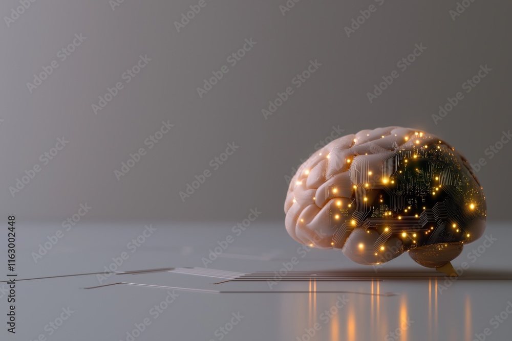 Poster a brain with a computer chip inside of it. the brain is lit up with a yellow glow