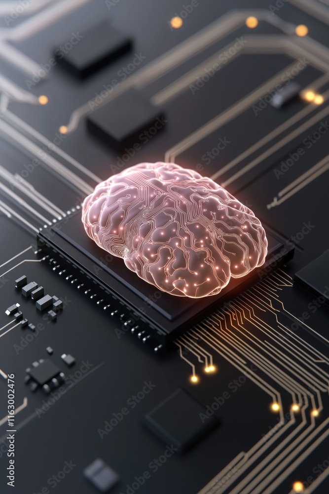Poster a computer chip with a brain on it. the brain is glowing and the chip is black. concept of technolog