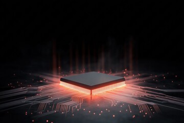 A computer chip is lit up with a bright orange glow. Concept of technology and innovation, as well as a futuristic or sci-fi vibe. The bright colors and glowing lights create a visually striking