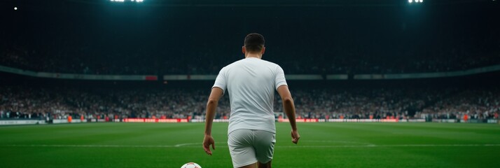 A soccer player is on the field with a soccer ball. Concept of excitement and anticipation for the game to begin