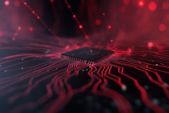 A computer chip is shown in red with a black background. The chip is surrounded by a red line, which gives the impression of a glowing, pulsating energy. Concept of technology and innovation