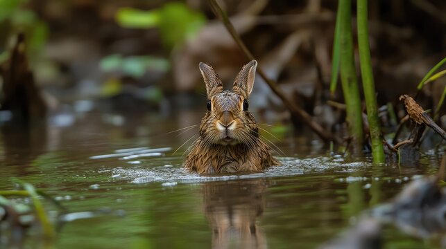 Swamp rabbit emerging from water in natural habitat showcasing rich brown and tan fur amidst lush vegetation