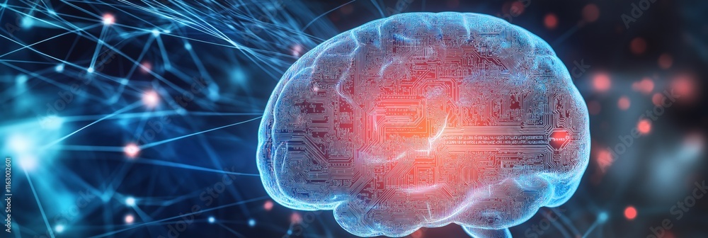 Poster a brain with a computer inside of it. the brain is blue and red