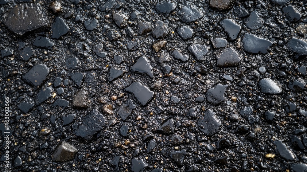 Poster raindrops on textured wet asphalt surface showcasing natural patterns and reflections after a rain s