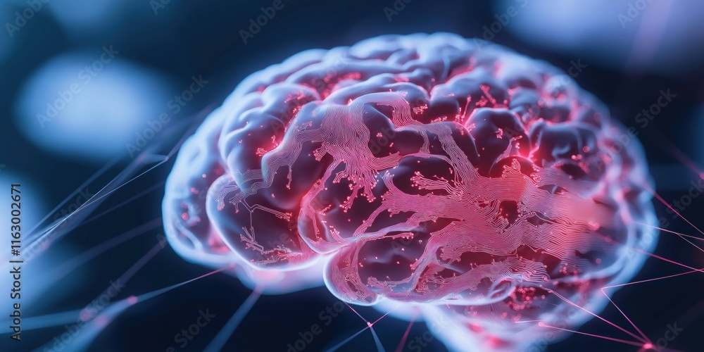Aufkleber a brain with red and blue lines is shown. the brain is surrounded by a web of lines, which gives it 