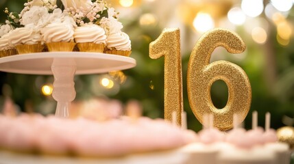 Elegant Sweet 16 birthday celebration with sparkling golden numbers cupcakes and floral decorations in a festive setting.