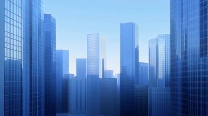 Modern city skyline with glass skyscrapers.