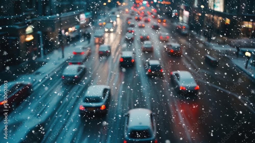 Poster raindrops and snow on window glass with blurred car traffic and bokeh lights at night creating a win