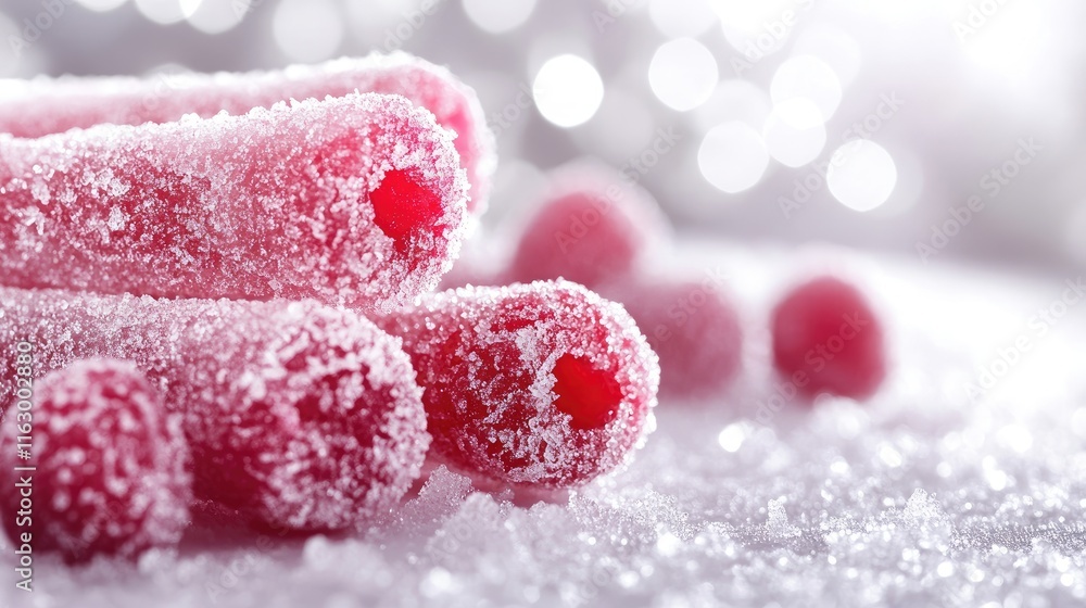 Poster raspberry filled candy tubes with sugar coating on a softly blurred snowy background creating a fest