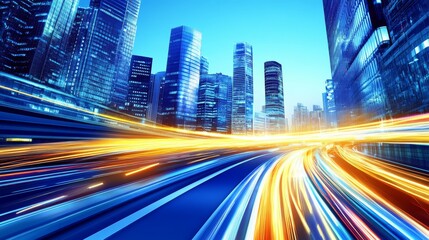 Modern cityscape with dynamic light trails.