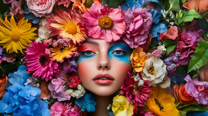 Striking portrait blending creative makeup and textures, with vibrant flowers against a dynamic backdrop