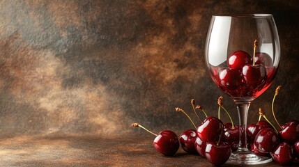 Fresh cherries in a wine glass on a rustic background with ample space for text showcasing summer flavors and elegance