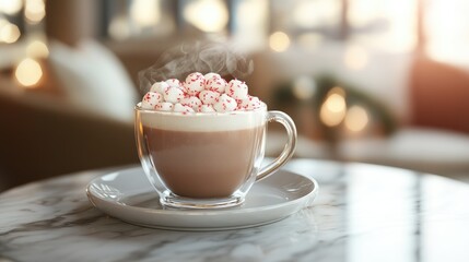 Holiday coffee cup mockup featuring hot chocolate topped with peppermint mini marshmallows on a stylish table setting.