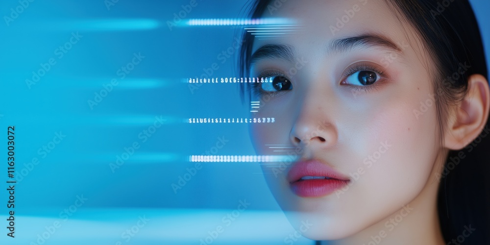 Poster a woman's face is shown in a blue background with a series of lines and dots. concept of technology 