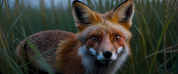 Fototapeta premium A close up of a curious red fox peeking through tall grass its vibrant fur and intelligent eyes showcasing its cunning nature. Extremely detailed high resolution illustration.