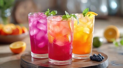 Vibrant summer iced tea in colorful glasses Refreshing fruity beverage perfect for hot days with citrus and berry flavors